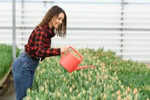 jung weiblich Kindergarten Bewässerung Schönheit Blumen im ihr Gewächshaus. Konzept von nehmen Pflege von Pflanzen foto