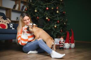 schön Frau sitzt auf ein Jahrgang Couch mit Hund. auf ein Hintergrund von ein Weihnachten Baum im ein dekoriert Zimmer. glücklich Neu Jahr foto