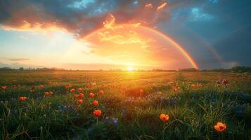 ai generiert Feld mit Blumen und Regenbogen im das Himmel foto