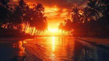 ai generiert Sonnenuntergang auf ein tropisch Strand mit Palme Bäume foto