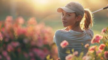 ai generiert Frau spielen Golf im Feld von Blumen foto