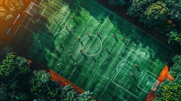 ai generiert Antenne Aussicht von Fußball Feld umgeben durch Bäume foto
