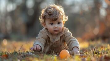 ai generiert jung Kind spielen mit Orange im Gras foto