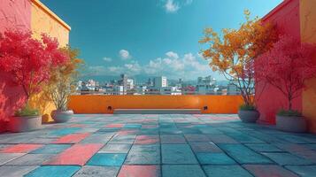 ai generiert farbenfroh gemalt Gebäude mit zentral Brunnen foto