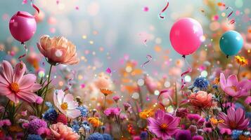 ai generiert bunt Blumen und Luftballons im ein Feld foto