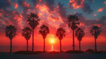 ai generiert Sonnenuntergang mit Palme Bäume und Ozean foto