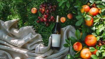 ai generiert Flasche von Wein auf Decke foto