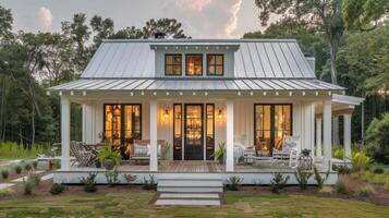 ai generiert klein Weiß Haus mit Metall Dach foto