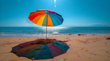 ai generiert bunt Regenschirm auf sandig Strand foto