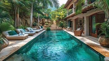 ai generiert Schwimmbad umgeben durch Palme Bäume Nächster zu Haus foto