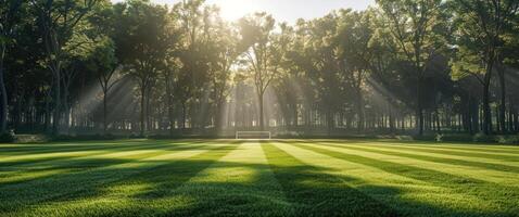 ai generiert ein Synthetik Gras Fußball Feld mit Sonne Streaming durch es ist Bäume foto