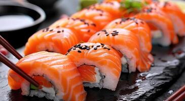 ai generiert ein Teller von Sushi hat Lachs und Essstäbchen foto