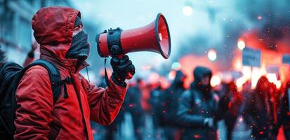 ai generiert ein Demonstrant mit ein laut Megaphon beim ein Veranstaltung foto