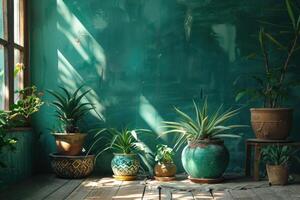 ai generiert ein Gruppe von Pflanzen im verschiedene Töpfe im ein dekorativ Zimmer foto