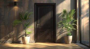 ai generiert ein modern Vorderseite Tür mit eingetopft Pflanzen foto