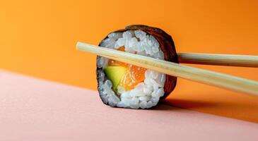 ai generiert Sushi mit hölzern Essstäbchen auf es foto