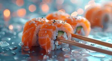 ai generiert Sushi mit hölzern Essstäbchen auf es foto