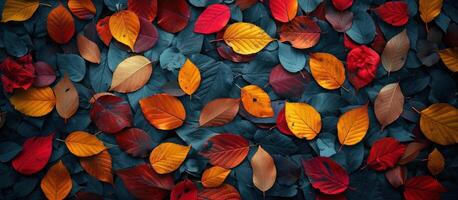 ai generiert Herbst Blätter auf das Fußboden im verschiedene Farben foto