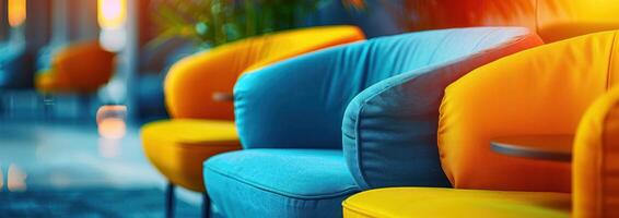 ai generiert Blau und Gelb Sofa im das Büro Blau Grün Stuhl foto