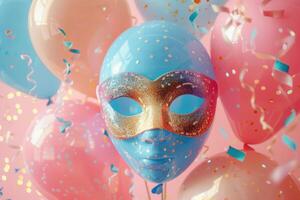 ai generiert bunt Maske Ballon und bunt Luftballons auf Rosa Hintergrund foto