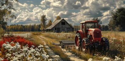 ai generiert Bauernhof mit Traktor und hölzern Tafel foto