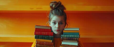 ai generiert Mädchen halten Bündel von Bücher Kopf auf Orange foto