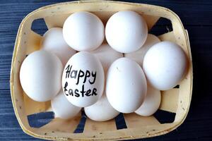 Eier im ein Korb auf das hölzern Jahrgang Tisch. glücklich Ostern Tag. Ostern Hintergrund. foto