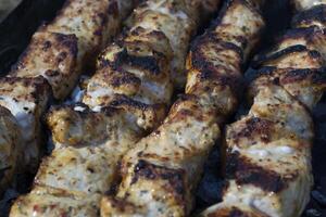 Fleisch im Gewürze Kochen auf ein Feuer draussen. Grill Hintergrund. foto