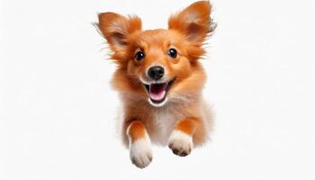 ai generiert Hund Springen im das Luft, klein Orange flauschige Hund auf isoliert Hintergrund, Tiere, Haustier, hungrig, spielen, Hündchen wollen Essen, Welpe. foto