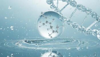 ai generiert Flüssigkeit Blase, ein Molekül Innerhalb ein Flüssigkeit Blase gegen ein Hintergrund von planschen Wasser DNA foto