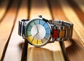 ai generiert Aussicht von schön Armbanduhr auf ein hölzern Tabelle foto