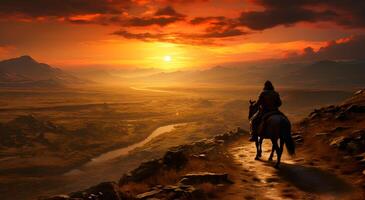 ai generiert mongolisch Dschingis Khan auf zu Pferd im das golden Strahlen von ein warm Sonne foto