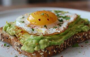 ai generiert Gourmet Avocado Toast mit ein perfekt Ei und Gewürze foto