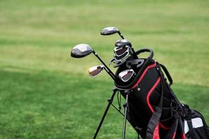 Foto der Golftasche mit Stöcken, die auf dem grünen Rasen stehen. Nahaufnahme