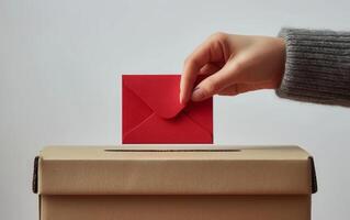 ein fest Schuss von ein Hand, bekleidet im ein rot Pullover, Putten ein rot Briefumschlag in ein Wahl Box foto