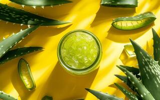 ai generiert ein dynamisch fotografieren abbilden ein öffnen Krug gefüllt mit frisch Aloe vera Gel foto