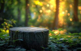 ai generiert Baum Stumpf im dicht Wald gebadet im mystisch Sonnenlicht foto