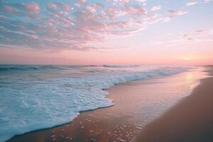 ai generiert Sonnenuntergang Gelassenheit auf ein ruhig Strand foto