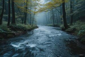 ai generiert herbstlich Wald Fluss Szene foto