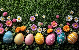 ai generiert Ostern Eier verwoben mit Gänseblümchen im das Wiese foto