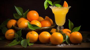 ai generiert frisch Orange Saft inmitten ein Zitrusfrüchte foto