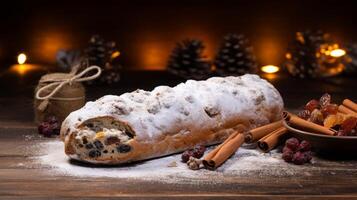 ai generiert Weihnachten Stollen Brot mit festlich Dekorationen foto