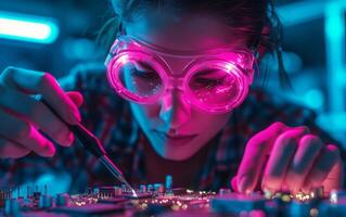 ai generiert weiblich Löten elektronisch Schaltkreis Tafel tragen Neon- Rosa Sicherheit Brille foto