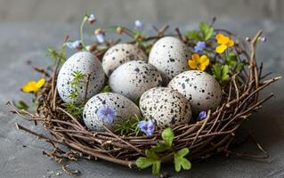 ai generiert rustikal Aufenthalt zum Eier mit botanisch Dekorationen foto