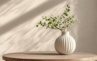 ai generiert hölzern Tabelle Eigenschaften modern Vase und Grün Zweige gegen neutral Mauer foto