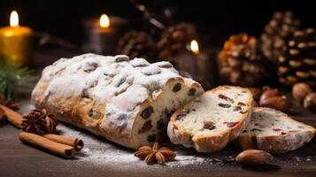 ai generiert Weihnachten Stollen Brot mit festlich Dekorationen foto