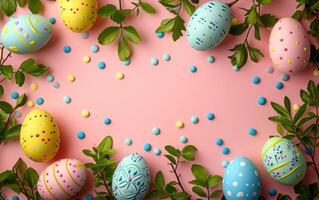 ai generiert Ostern Ei Ornamentik auf ein rosig Hintergrund foto