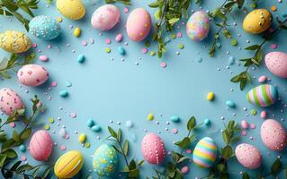 ai generiert Blau Hintergrund mit ein Ostern Ei Rahmen foto