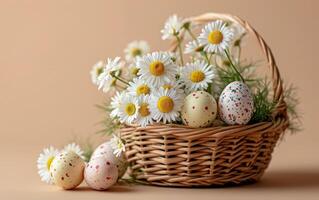 ai generiert Ostern Korb mit Gänseblümchen um es foto