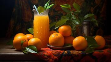 ai generiert frisch Orange Saft inmitten ein Zitrusfrüchte foto